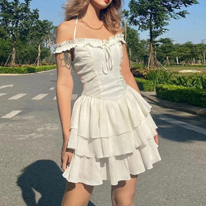 Women Slash Neck Bodycon Mini Dress Sexy Halter Pleated Vintage Bubble Princess Dresses 2021 Summer Fairy Grunge Y2K Clothes