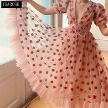Load image into Gallery viewer, ISAROSE 2021 Strawberry Dress Women Fashion Deep V Puff Sleeve Sweet Voile Mesh Sequins Embroidery French Party Dresses 4XL 5XL
