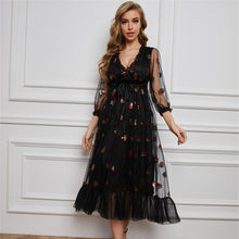 Load image into Gallery viewer, ISAROSE 2021 Strawberry Dress Women Fashion Deep V Puff Sleeve Sweet Voile Mesh Sequins Embroidery French Party Dresses 4XL 5XL
