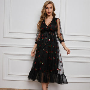 ISAROSE 2021 Strawberry Dress Women Fashion Deep V Puff Sleeve Sweet Voile Mesh Sequins Embroidery French Party Dresses 4XL 5XL