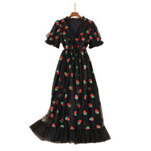 Load image into Gallery viewer, ISAROSE 2021 Strawberry Dress Women Fashion Deep V Puff Sleeve Sweet Voile Mesh Sequins Embroidery French Party Dresses 4XL 5XL
