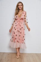 Load image into Gallery viewer, ISAROSE 2021 Strawberry Dress Women Fashion Deep V Puff Sleeve Sweet Voile Mesh Sequins Embroidery French Party Dresses 4XL 5XL
