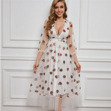 Load image into Gallery viewer, ISAROSE 2021 Strawberry Dress Women Fashion Deep V Puff Sleeve Sweet Voile Mesh Sequins Embroidery French Party Dresses 4XL 5XL
