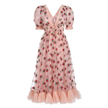 Load image into Gallery viewer, ISAROSE 2021 Strawberry Dress Women Fashion Deep V Puff Sleeve Sweet Voile Mesh Sequins Embroidery French Party Dresses 4XL 5XL
