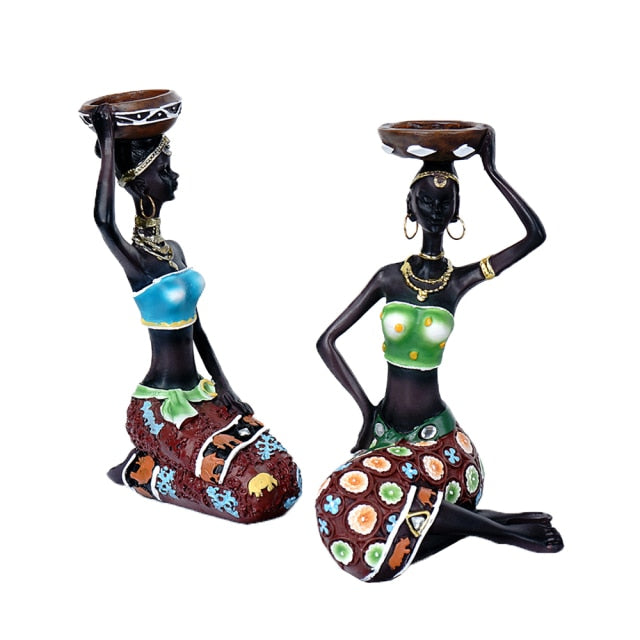 NORTHEUINS 2 Pcs/Set  African Candlestick Firugines Decorative Candle Holder Tealight Interior Home Living Room Decoration Gift