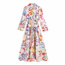 Load image into Gallery viewer, Zevity Women Vintage Totem Floral Print Bow Sashes Midi Shirt Dress Female Chic Three Quarter Sleeve Casual Slim Vestidos DS8361
