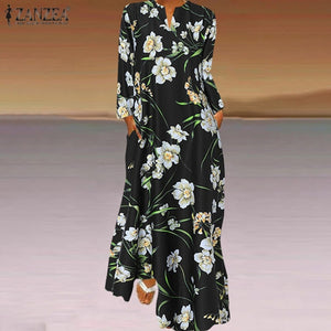 Spring Women's Sundress Bohemian Floral Long Dress ZANZEA 2021 Casual Long Sleeve Party Holiday Vestidos Kaftan Robe Dresses