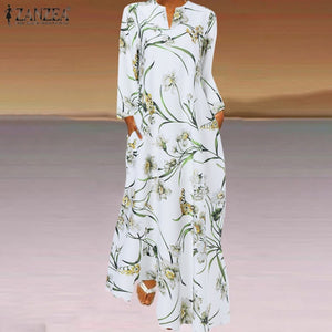 Spring Women's Sundress Bohemian Floral Long Dress ZANZEA 2021 Casual Long Sleeve Party Holiday Vestidos Kaftan Robe Dresses