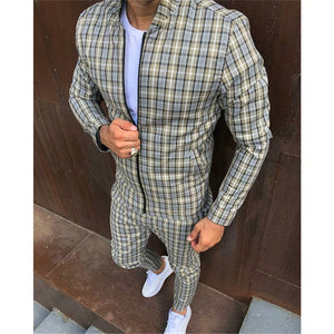 2021 New gyms Men's Sets 2 Pieces Sets Tracksuit Men's Jackets+Pants suit Sportwear Gentlemen Plaid Mens Sports Suit men Clothes
