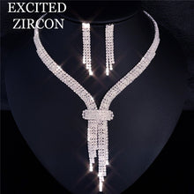 Load image into Gallery viewer, Luxury Rhinestone Tassel Long Pendant Full Crystal Necklace Earrings set Elegant Fashion Bridal Wedding Jewelry Birthday Gift
