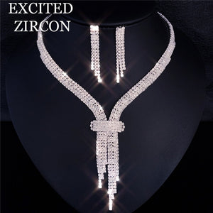 Luxury Rhinestone Tassel Long Pendant Full Crystal Necklace Earrings set Elegant Fashion Bridal Wedding Jewelry Birthday Gift