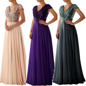 Temperament Deep Purple Waist Bandage Formal Dress V-neck Party Night Sexy Elegant Sequin Dress Plus Size Bridesmaid Dress
