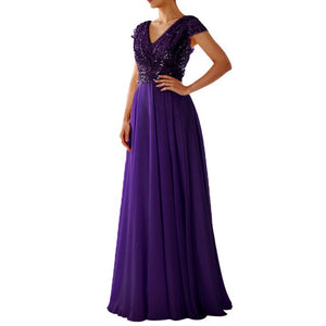 Temperament Deep Purple Waist Bandage Formal Dress V-neck Party Night Sexy Elegant Sequin Dress Plus Size Bridesmaid Dress