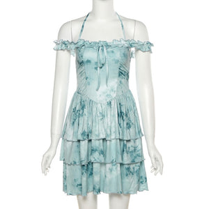 Women Slash Neck Bodycon Mini Dress Sexy Halter Pleated Vintage Bubble Princess Dresses 2021 Summer Fairy Grunge Y2K Clothes
