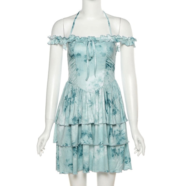Women Slash Neck Bodycon Mini Dress Sexy Halter Pleated Vintage Bubble Princess Dresses 2021 Summer Fairy Grunge Y2K Clothes