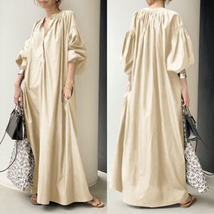 Elegant Solid Shirt Dress Women's Spring Sundress 2021 ZANZEA Casual Lantern Sleeve Maxi Vestidos Female V Neck Robe