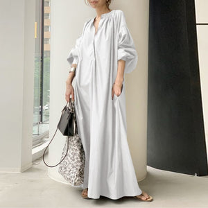 Elegant Solid Shirt Dress Women's Spring Sundress 2021 ZANZEA Casual Lantern Sleeve Maxi Vestidos Female V Neck Robe