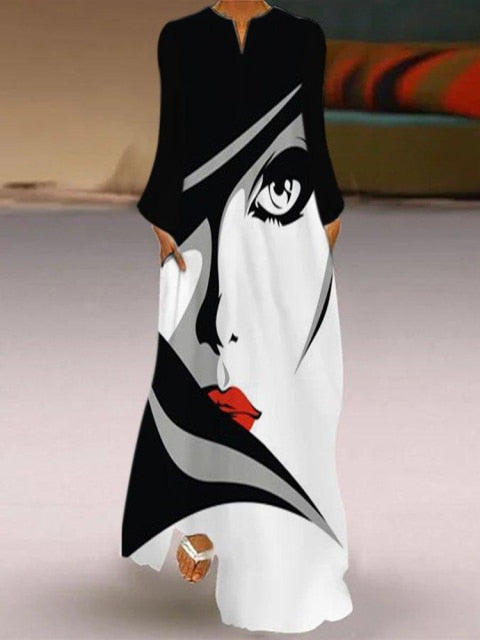 Women Fashion Long Sleeve Print Dress White-Black-Grey A-Line Casual  Dresses Long Dress