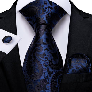 Luxury Blue Gold Paisley Men's Tie Business Wedding Formal Neck Tie For Men Gift Cravate Silk Tie Handkerchief Cufflinks DiBanGu