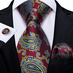 Luxury Blue Gold Paisley Men's Tie Business Wedding Formal Neck Tie For Men Gift Cravate Silk Tie Handkerchief Cufflinks DiBanGu