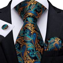 Load image into Gallery viewer, Luxury Blue Gold Paisley Men&#39;s Tie Business Wedding Formal Neck Tie For Men Gift Cravate Silk Tie Handkerchief Cufflinks DiBanGu
