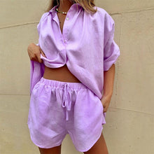 Load image into Gallery viewer, Casual Womem Yellow Lounge Wear Summer Tracksuit Shorts Set Long Sleeve Shirt Tops And Mini Shorts Suit 2021 New Two Piece Set
