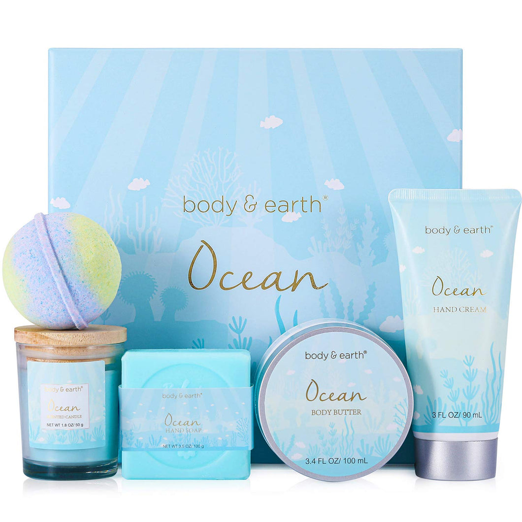 5pcs Bath and Body Set of Ocean Scent, Spa Gift Box for your Holiday Gift, Includes Scented Candle, Body Butter, Hand Cream