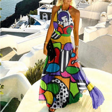 Load image into Gallery viewer, Women Sexy Off Shoulder Long Dress Women Dress Summer  Sleeveless Halter Pleated Dress Female Elegant Vintage Print Pleated Robe

