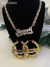 Load image into Gallery viewer, AurolaCo Custom Name Necklace 3D Double Nameplate Custom Earrings Set Personalized XOXO Name Necklace for Women Jewelry Gifts
