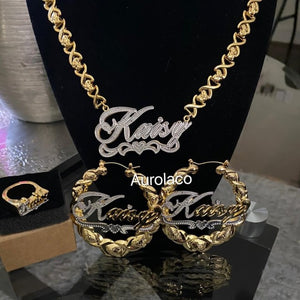 AurolaCo Custom Name Necklace 3D Double Nameplate Custom Earrings Set Personalized XOXO Name Necklace for Women Jewelry Gifts