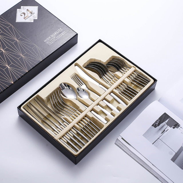 24 PCS Stainless Cutlery Set Flatware Sets High-Grade Mirror Polishing 18/10 Silverware Dinnerware Spoons Knife Fork Gift Box