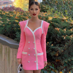 Sexy Pink Formal Dress Office Lady Women Double Breasted Slim Mini Dress Celebrity Evening Party Autumn New Dress 2021 Female