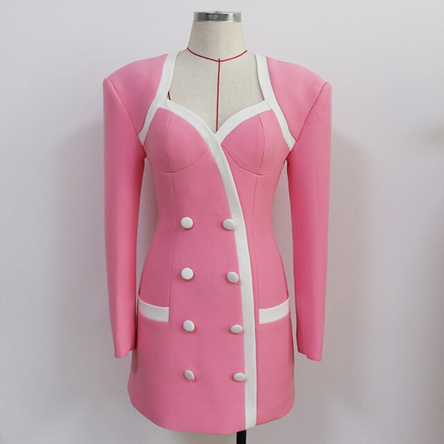 Sexy Pink Formal Dress Office Lady Women Double Breasted Slim Mini Dress Celebrity Evening Party Autumn New Dress 2021 Female