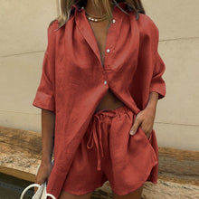 Load image into Gallery viewer, Casual Womem Yellow Lounge Wear Summer Tracksuit Shorts Set Long Sleeve Shirt Tops And Mini Shorts Suit 2021 New Two Piece Set
