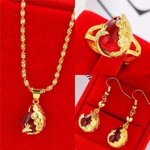 Women Vietnam Gold Filled Jewellry Sets Peacock Opal Charm Wedding Party 24K Gold Color Brass Rings Earrings Necklaces Gifts