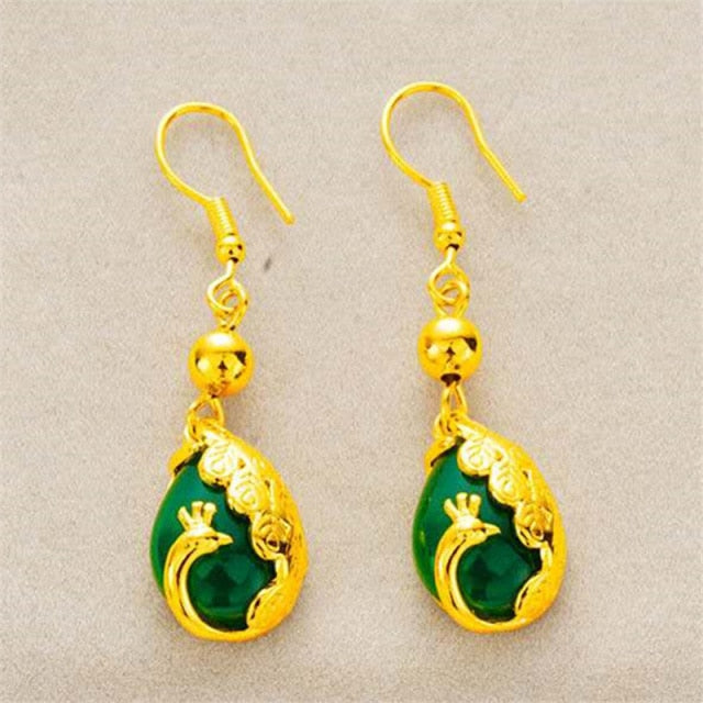 Women Vietnam Gold Filled Jewellry Sets Peacock Opal Charm Wedding Party 24K Gold Color Brass Rings Earrings Necklaces Gifts