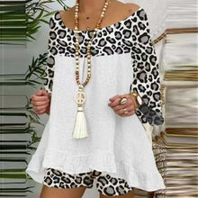 Load image into Gallery viewer, Summer Vintage Leopard Patchwork Outfits Set Cotton Linen Shirt Tops And Loose Shorts Suit Casual 3/4 Sleeve Women Two Piece Set
