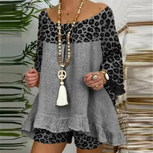 Load image into Gallery viewer, Summer Vintage Leopard Patchwork Outfits Set Cotton Linen Shirt Tops And Loose Shorts Suit Casual 3/4 Sleeve Women Two Piece Set
