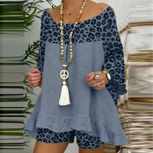 Load image into Gallery viewer, Summer Vintage Leopard Patchwork Outfits Set Cotton Linen Shirt Tops And Loose Shorts Suit Casual 3/4 Sleeve Women Two Piece Set

