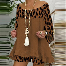 Load image into Gallery viewer, Summer Vintage Leopard Patchwork Outfits Set Cotton Linen Shirt Tops And Loose Shorts Suit Casual 3/4 Sleeve Women Two Piece Set
