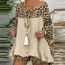 Load image into Gallery viewer, Summer Vintage Leopard Patchwork Outfits Set Cotton Linen Shirt Tops And Loose Shorts Suit Casual 3/4 Sleeve Women Two Piece Set
