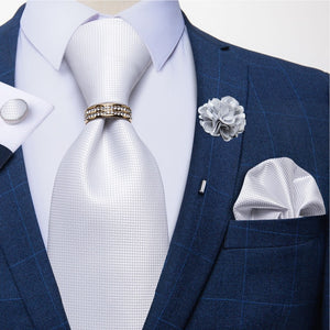 8cm Men Silk Tie White Solid Necktie Men's Formal Wedding Party Ties Cufflinks Hanky Flower Brooch Set Men Gift Corbatas DiBanGu