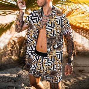 Men Hawaiian Printing 2021Summer Short Sleeve Button Shirt Beach Shorts Streetwear  Mens  Casual Beach Wear Clothes