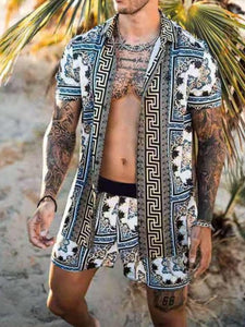 Men Hawaiian Printing 2021Summer Short Sleeve Button Shirt Beach Shorts Streetwear  Mens  Casual Beach Wear Clothes