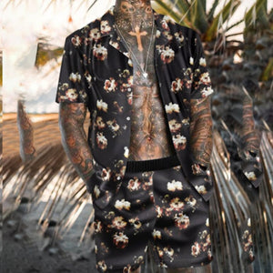 Men Hawaiian Printing 2021Summer Short Sleeve Button Shirt Beach Shorts Streetwear  Mens  Casual Beach Wear Clothes