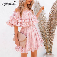 Load image into Gallery viewer, LZEQuella Elegant Pink Dot Party Dresses Women Slash Neck Ruffled Short Sleeve Ladies Mini Day Dress Female Clothing NZ3585
