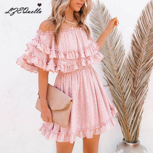 LZEQuella Elegant Pink Dot Party Dresses Women Slash Neck Ruffled Short Sleeve Ladies Mini Day Dress Female Clothing NZ3585