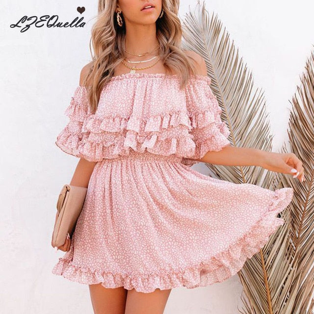 LZEQuella Elegant Pink Dot Party Dresses Women Slash Neck Ruffled Short Sleeve Ladies Mini Day Dress Female Clothing NZ3585