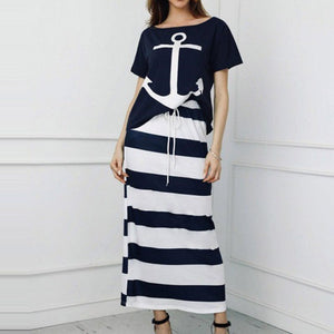 Women Off Shoulder Blouses T-shirt & Striped Maxi Dress Summer Slim Slash Neck 2 Pieces Sets Female Casual Ankle-Length Dress