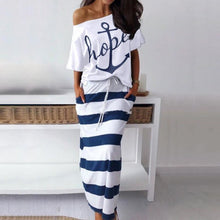 Load image into Gallery viewer, Women Off Shoulder Blouses T-shirt &amp; Striped Maxi Dress Summer Slim Slash Neck 2 Pieces Sets Female Casual Ankle-Length Dress
